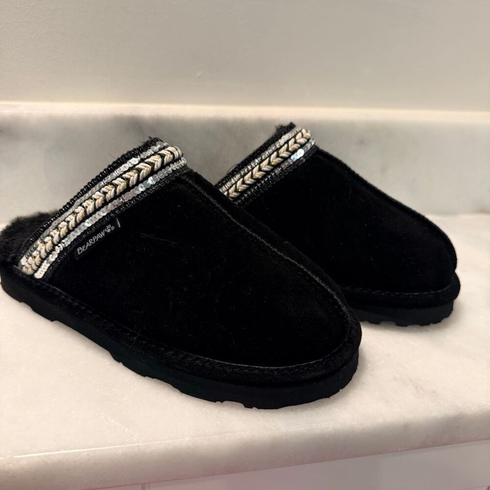 NWT Bearpaw Sequin Embellished Soft Suede Wool Blend Tanya Slippers Black Sz 7W